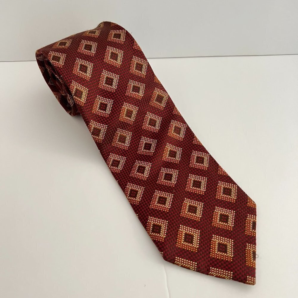 Ermenegildo Zegna Silk Tie Burgundy Red Geometric Square‎ Pattern Made in Italy